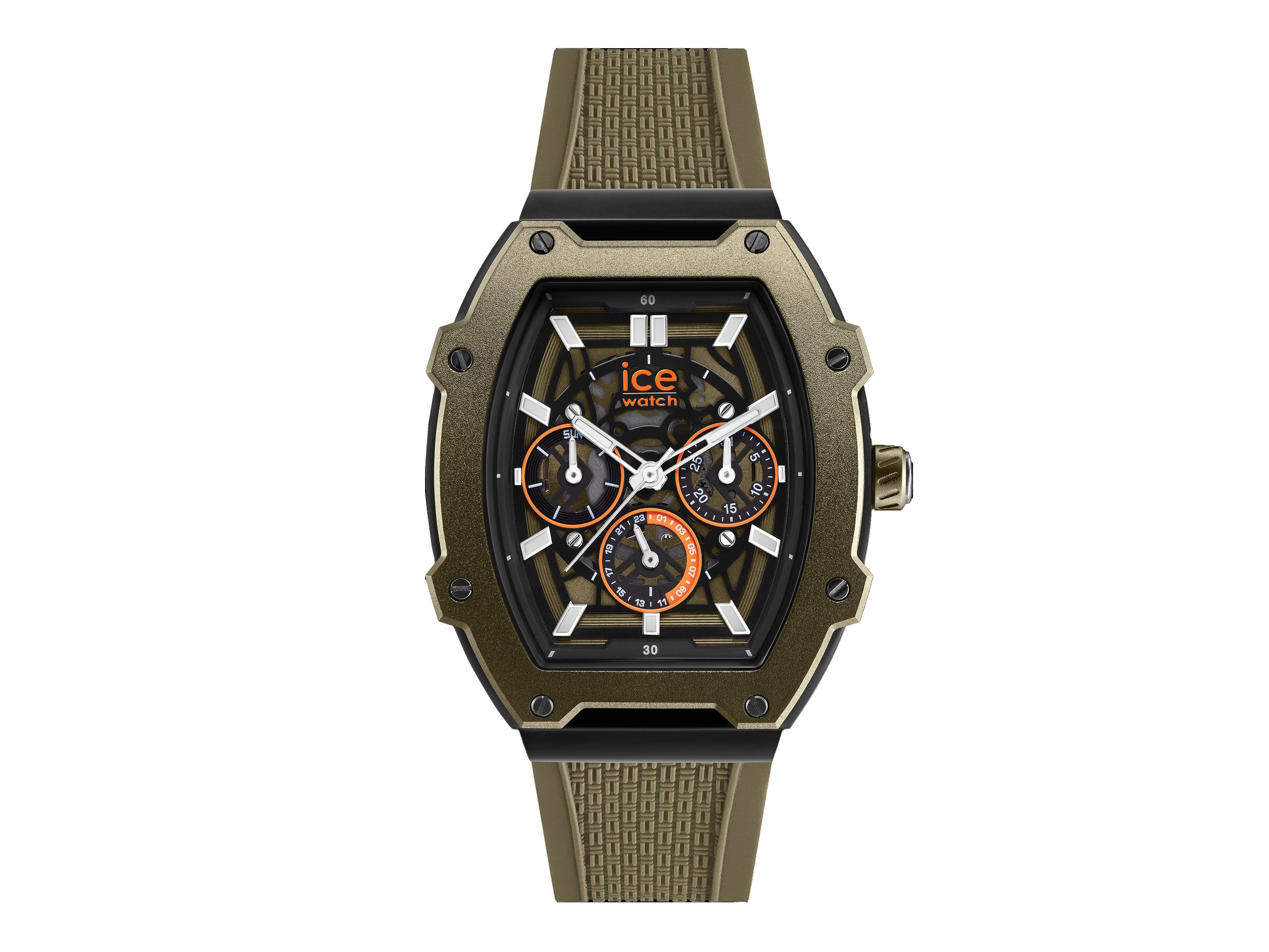Die Ice Watch 024369 ICE boliday Uhr in Khaki - Medium zeigt ein modernes Design mit einem rechteckigen Gehäuse, schwarzem Zifferblatt und orangefarbenen Akzenten auf einem strapazierfähigen Armband.