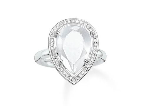 Thomas Sabo Ring aus Silber mit Milky Quarz und Zirkonia, Größe 54, in tropfenförmigem Design mit funkelndem Steingestell. Elegantes Schmuckstück für besondere Anlässe.