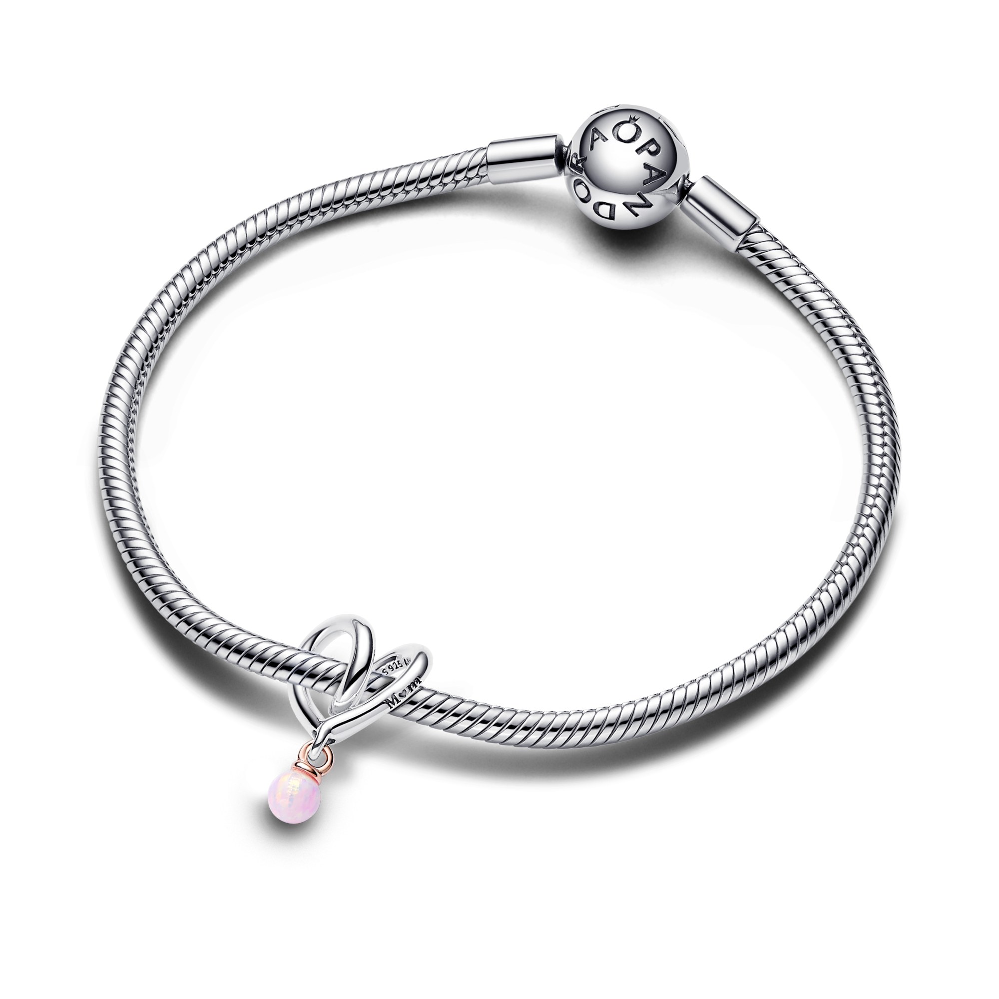 Pandora Bicolor Eingehülltes Herz Charm - Silber + Roségold Vergoldung - Synthetic Opal Pink – Ansicht 2