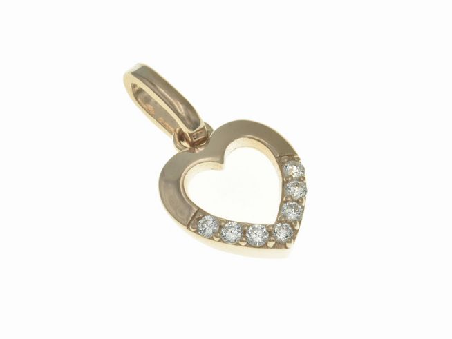 Ein polierter Herzanhänger aus vergoldetem Rosegold mit Zirkonia-Steinen auf der linken Seite, hergestellt von Juwelier Harnisch, Perlen und Steine.