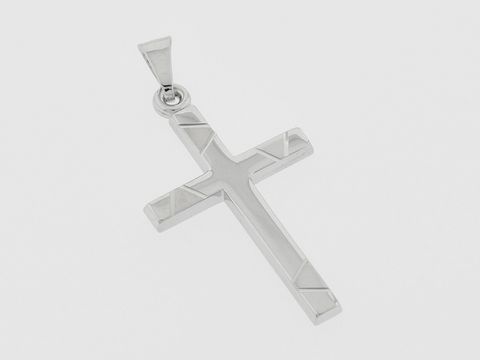 Kreuz Silber Anhänger mit Dreieckverzierung teilmattiert rhod. diamantiert, Hersteller Juwelier Harnisch, modernes Design mit elegantem Muster.