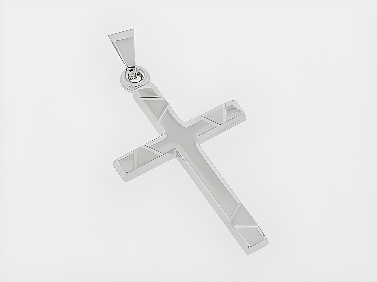 Kreuz Silber Anhänger mit Dreieckverzierung teilmattiert rhod. diamantiert, Hersteller Juwelier Harnisch, modernes Design mit elegantem Muster.