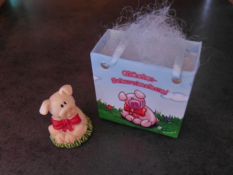 Glücksschweinchen mit Geschenktasche und roter Schleife, Hersteller Juwelier Harnisch, dekorative Figur in grünem Gras vor einer bunten Geschenktasche.
