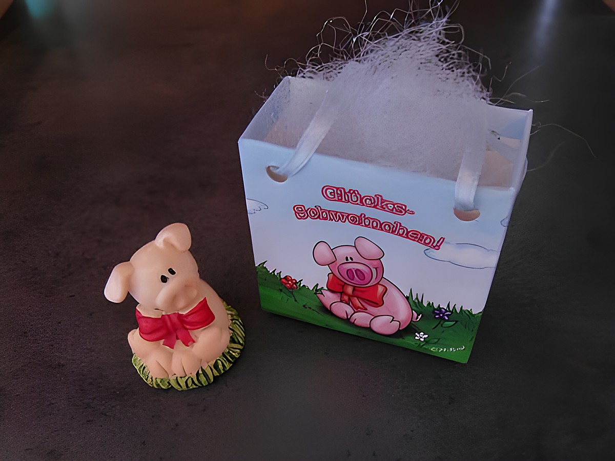 Glücksschweinchen mit Geschenktasche und roter Schleife, Hersteller Juwelier Harnisch, dekorative Figur in grünem Gras vor einer bunten Geschenktasche.