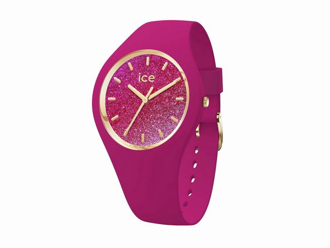 Die Ice Watch Uhr 022575 in Fuchsia Pink hat ein glitzerndes Ziffernblatt und goldene Zeiger. Das silikongebundene Armband sorgt für hohen Tragekomfort und ist perfekt für den Alltag.