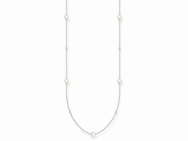 Charming Kette von Thomas Sabo aus Sterling Silber mit weißen Perlen und Zirkonia, Länge 85 bis 90 cm, elegantes Design für modische Akzente.