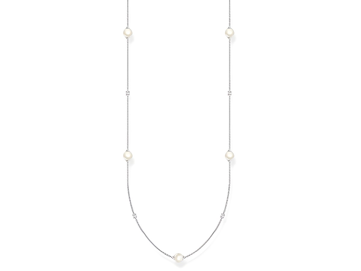 Charming Kette von Thomas Sabo aus Sterling Silber mit weißen Perlen und Zirkonia, Länge 85 bis 90 cm, elegantes Design für modische Akzente.