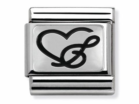Ein silberner Charm von Nomination mit einem Herz und einem Violinschlüssel, gefertigt aus Sterling Silber, für individuelle Armbänder, Modell Classic OXI 330102 04.