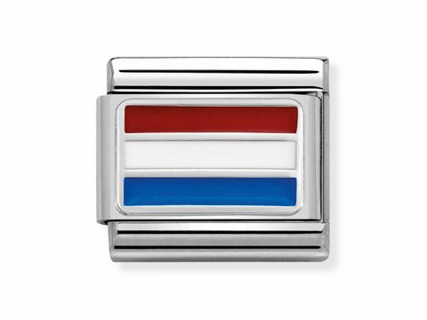 Ein composable Classic Anhänger der Marke Nomination mit der Flagge der Niederlande in den Farben rot, weiß und blau auf einem silberfarbenen Hintergrund.