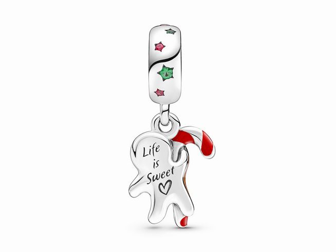 Pandora Charm Anhänger 799637C01 zeigt einen bunten Lebkuchenmann mit Kristall- und Emaille-Applikationen sowie der Gravur "Life is Sweet", gefertigt aus Sterling Silber.