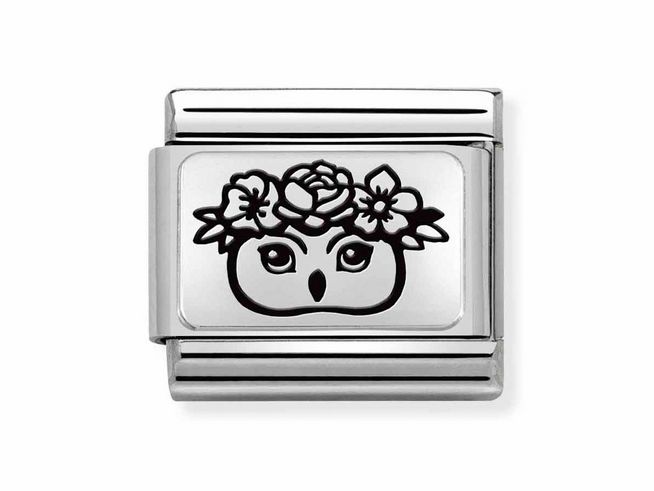 Charm aus Edelstahl mit einer Eule und Blumenmotiven in schwarzer Gravur, passend zur Nomination Classic Silber Kollektion, Modellnummer 330111 30.
