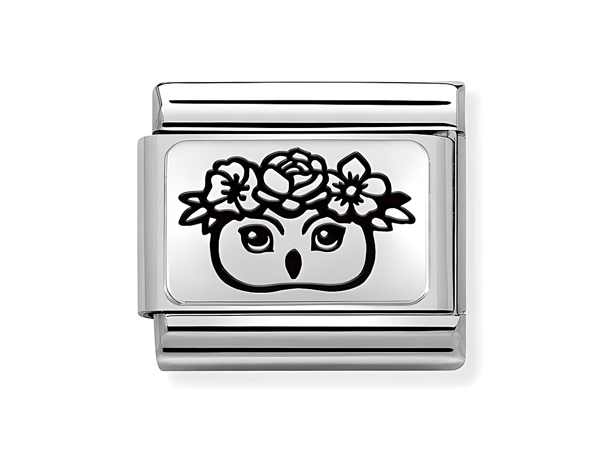 Charm aus Edelstahl mit einer Eule und Blumenmotiven in schwarzer Gravur, passend zur Nomination Classic Silber Kollektion, Modellnummer 330111 30.