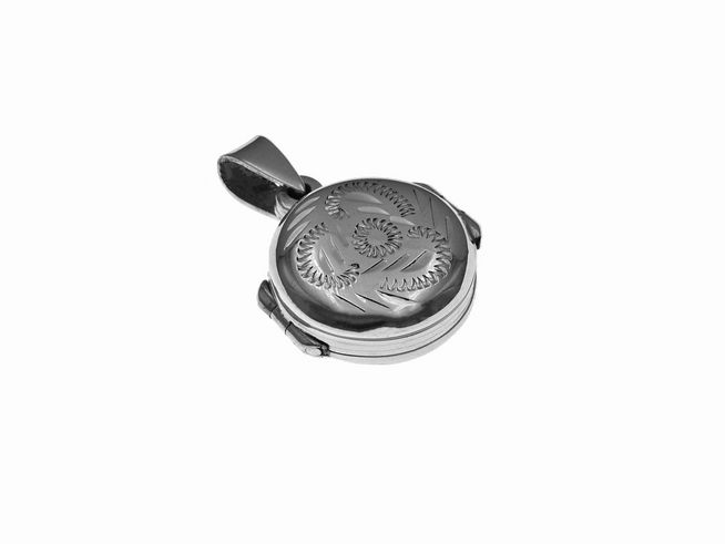 Sterling Silber Medaillon mit rundem Muster, verziert mit filigranen Details. Hergestellt von Juwelier Harnisch, ideal als persönliches Schmuckstück oder Geschenk.