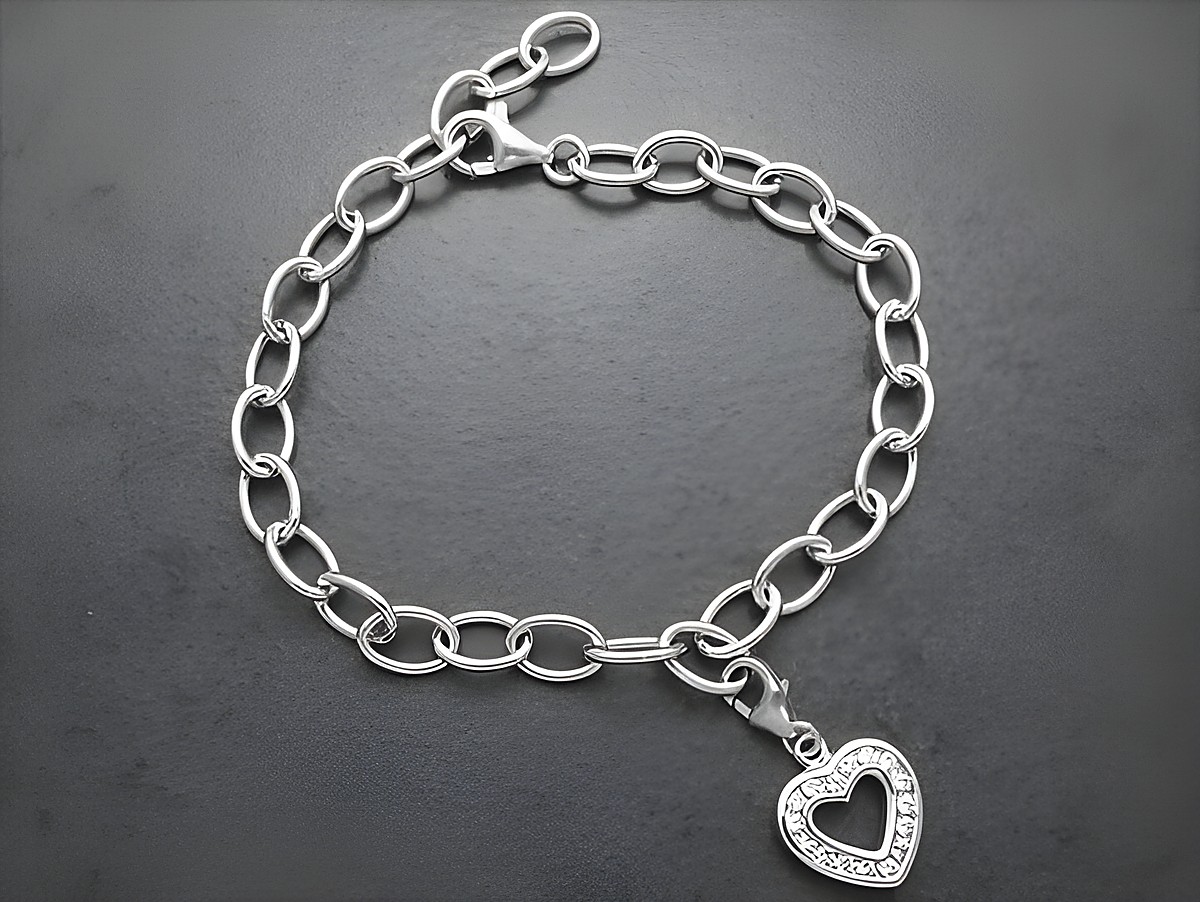 Silber Armband 16 cm Rundanker 6,2 mm aus rhodiniertem Sterling Silber mit einem Herz Charm, hergestellt von Juwelier Harnisch. – Ansicht 5