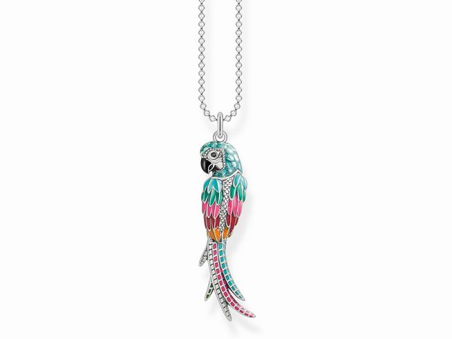 Die Kette von Thomas Sabo zeigt einen farbenfrohen Papageienanhänger aus hochwertigem Material, ideal für jeden Anlass, Länge 70 cm, verleiht einen einzigartigen Akzent.