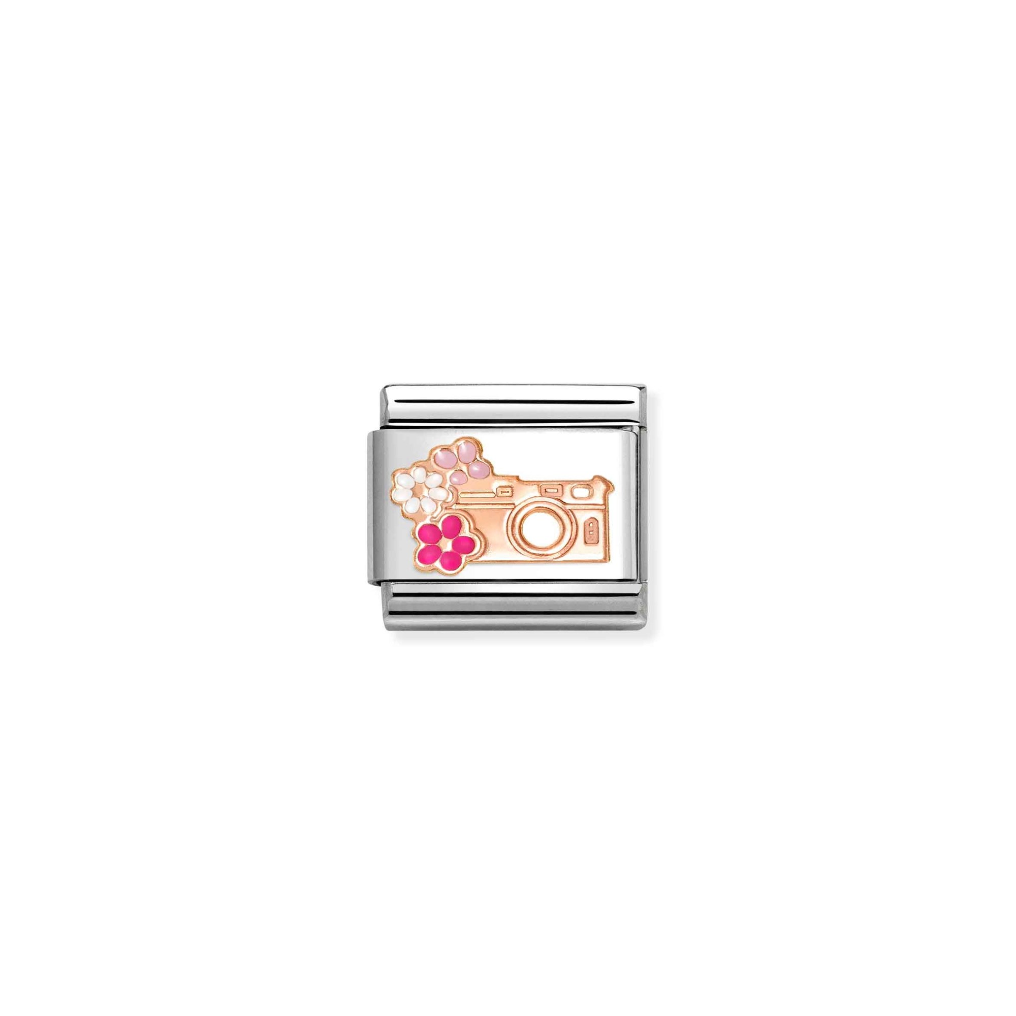 Nomination Composable Classic Charm Fotoapparat mit Blumen - Edelstahl, Gold 375 Roségold, Emaille