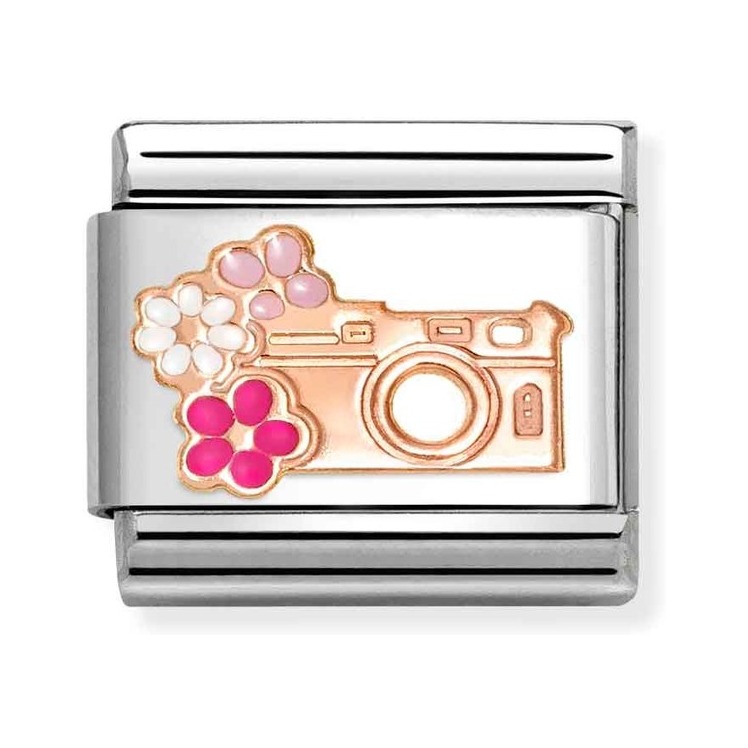 Nomination Composable Classic Charm Fotoapparat mit Blumen - Edelstahl, Gold 375 Roségold, Emaille