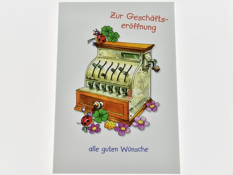Glückwunschkarte zur Geschäftseröffnung mit einer Registrierkasse, Marienkäfern, Klee und bunten Blüten, Hersteller: Juwelier Harnisch, Aufschrift alle guten Wünsche.