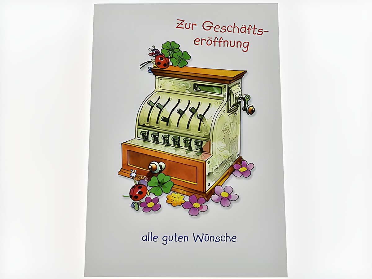 Glückwunschkarte zur Geschäftseröffnung mit einer Registrierkasse, Marienkäfern, Klee und bunten Blüten, Hersteller: Juwelier Harnisch, Aufschrift alle guten Wünsche.