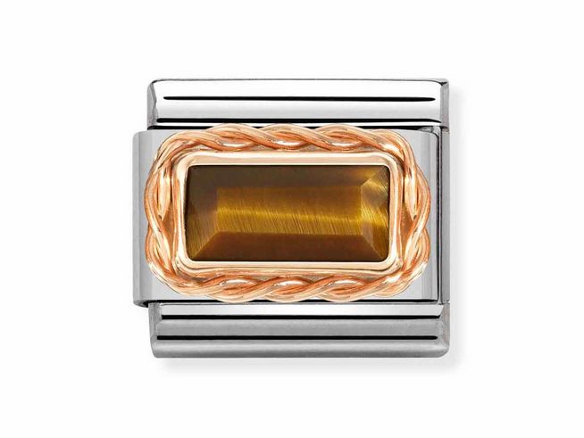 Der Baguette-Schliff Tigerauge in Kordelfassung aus Roségold 375 ist elegant auf einem klassischen Edelstahl-Basisring arrangiert und verleiht dem Schmuckstück besonderen Glanz.