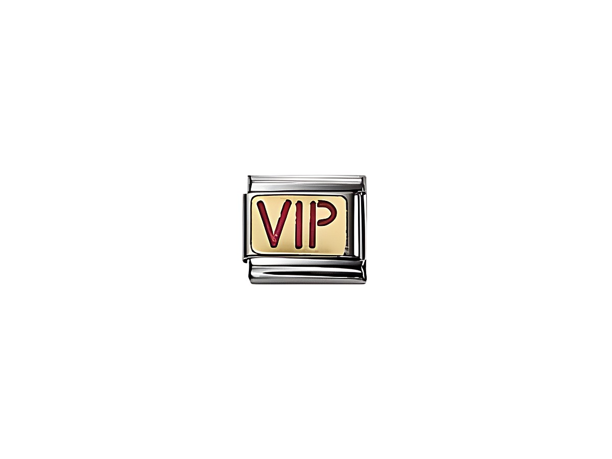 Ein silberner Charm von Nomination in der Classic MESSAGES Serie, emailliert mit der Aufschrift VIP in roter Schrift auf einer goldenen Fläche.