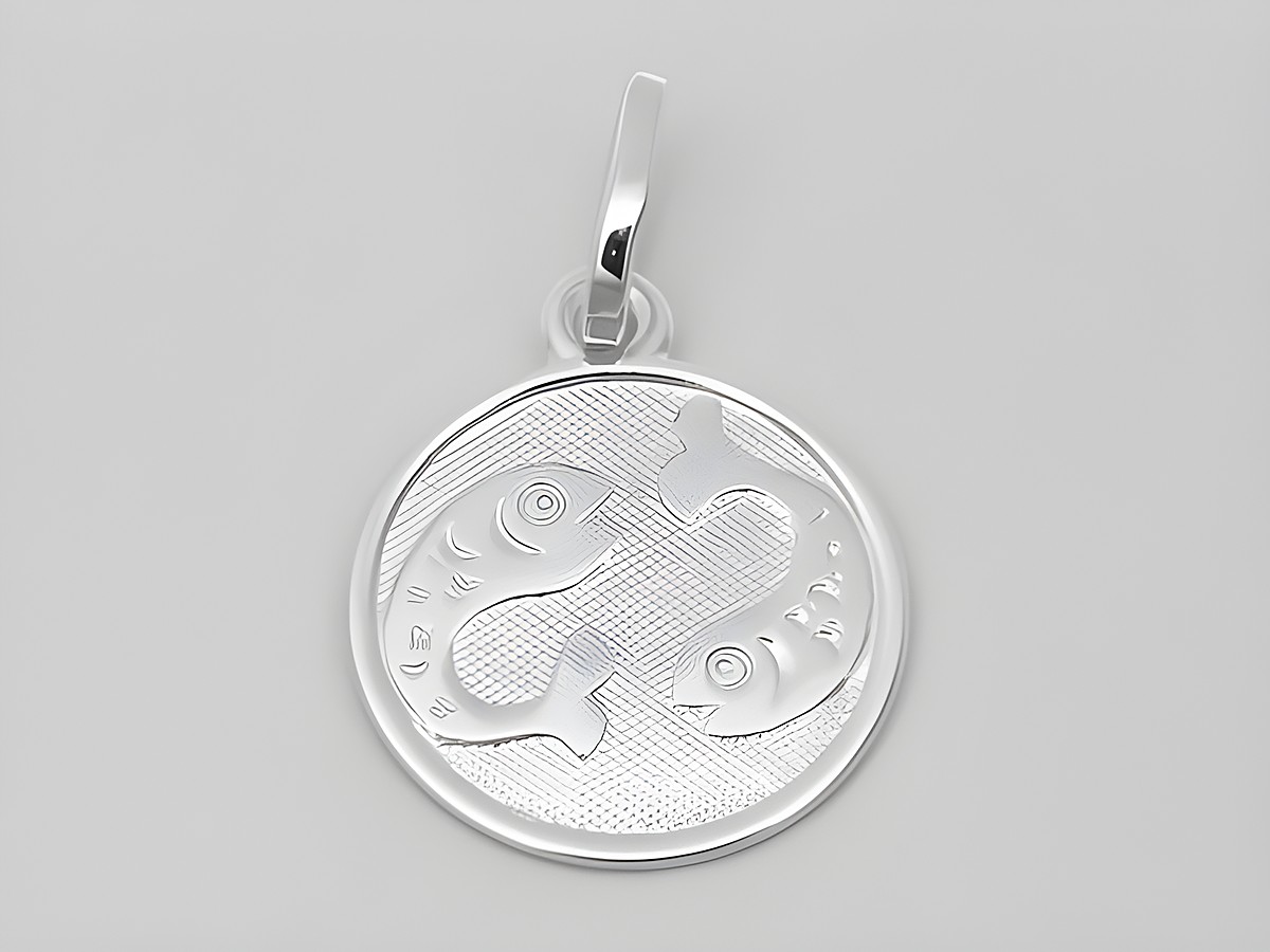 Ein runder Anhänger aus rhodiniertem Sterling Silber mit polierter Oberfläche, verziert mit dem Symbol für das Sternzeichen Fische, Durchmesser 14 mm. Hersteller Juwelier Harnisch.