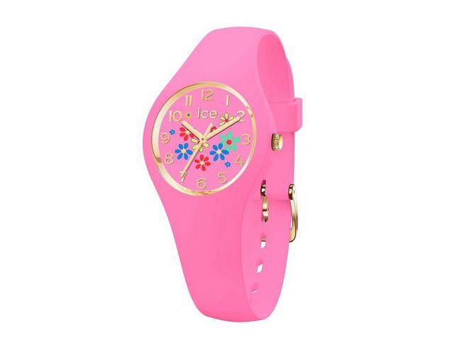 Die Ice Watch ICE flower - Pinky bloom in Extra Small zeigt ein auffälliges pinkes Armband mit einem bunten Blumenmuster auf dem Zifferblatt und goldenen Akzenten.