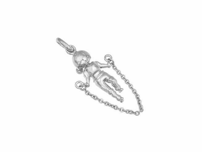 Anhänger Seilspringen aus rhodiniertem Sterling Silber, detailreich gestaltet mit einer Figur, die am Seil gehalten wird, ideal für Sportliebhaber, Hersteller Juwelier Harnisch.