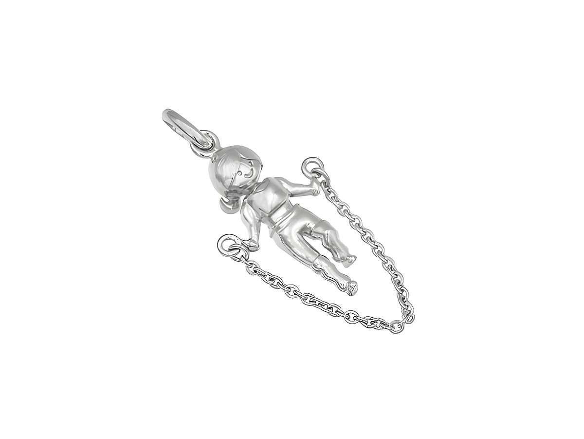 Anhänger Seilspringen aus rhodiniertem Sterling Silber, detailreich gestaltet mit einer Figur, die am Seil gehalten wird, ideal für Sportliebhaber, Hersteller Juwelier Harnisch.