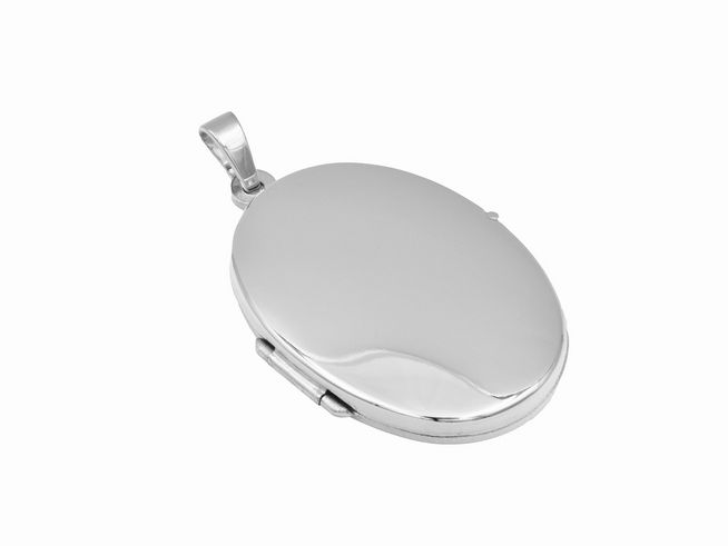 Silber Medaillon Anhänger Oval schlicht rhodiniert von Juwelier Harnisch, zeitloses Design mit glänzender Oberfläche, ideal zum Tragen oder Verschenken.