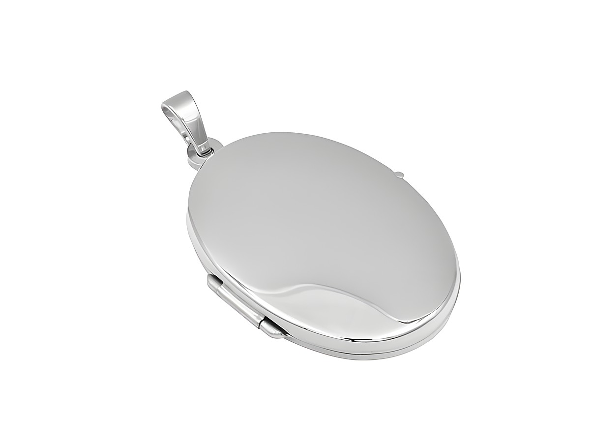 Silber Medaillon Anhänger Oval schlicht rhodiniert von Juwelier Harnisch, zeitloses Design mit glänzender Oberfläche, ideal zum Tragen oder Verschenken.