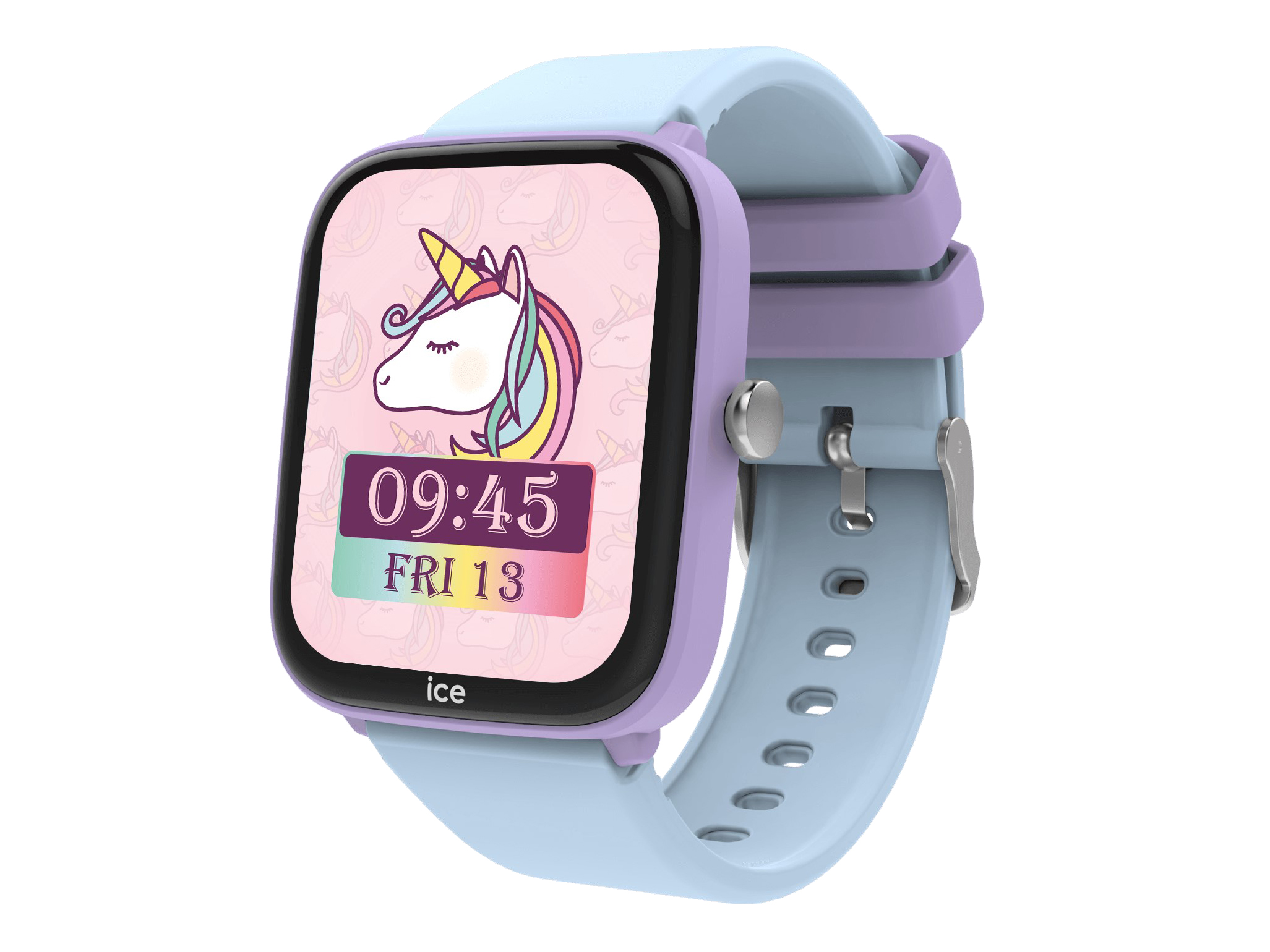 Lila und hellblaue ICE Smartwatch für Kinder mit einem Bild eines Einhorns auf dem Bildschirm, zeigt Uhrzeit und Datum, modernes Design, geeignet für junge Nutzer.
