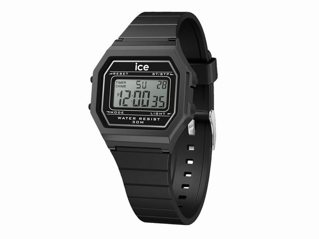 ICE digit retro Uhr in Schwarz und Silber, mit digitalem Display, wasserdicht bis 30 Meter, schwarzem Silikonarmband, Modellnummer 022900, ideal für den Alltag und Freizeit.