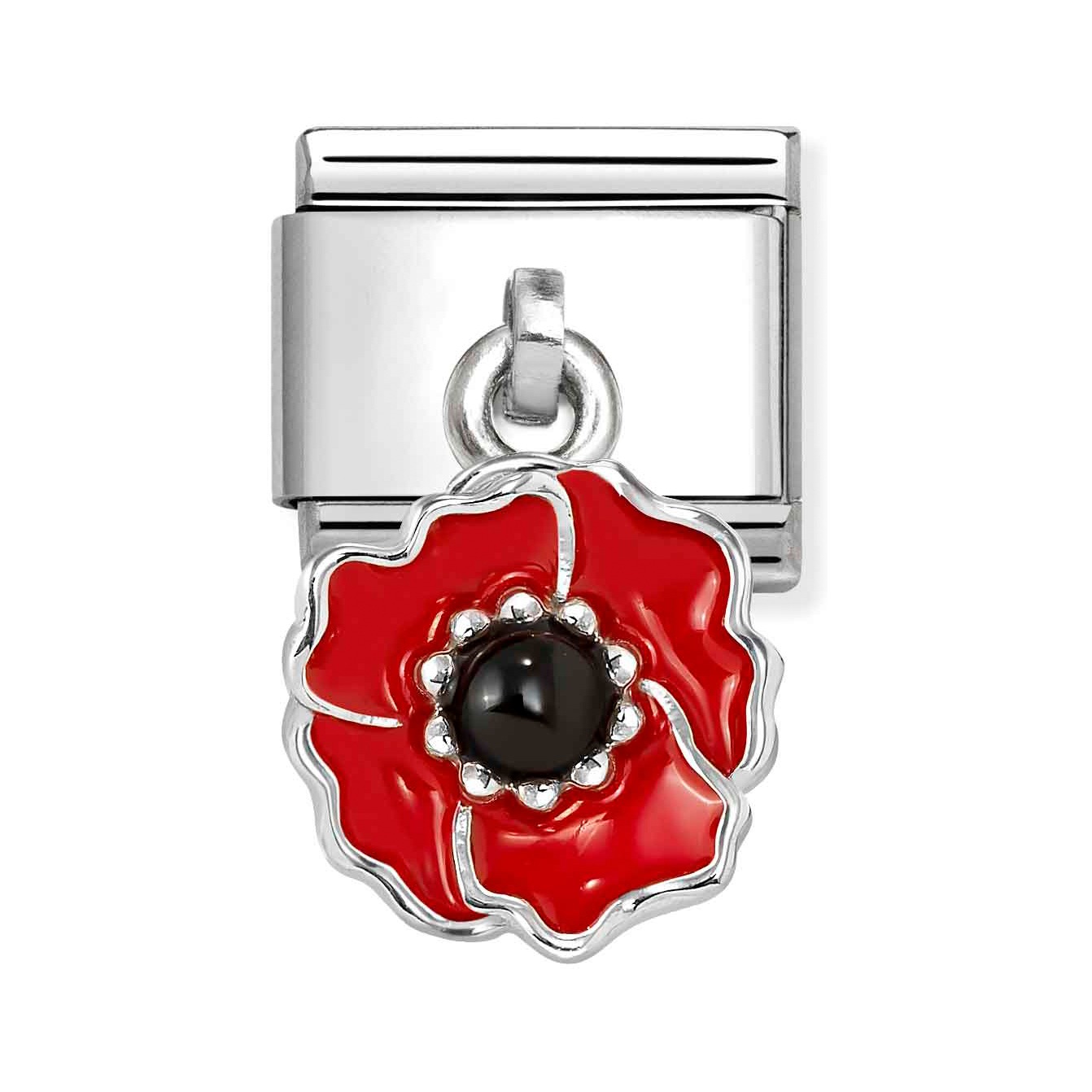 Sterling Silber Charm-Anhänger mit einer rot-schwarzen Mohnblume, verziert mit schwarzem Emaille-Mittelstück, geeignet für Armbänder von Nomination, modernes Design, neu und stilvoll.