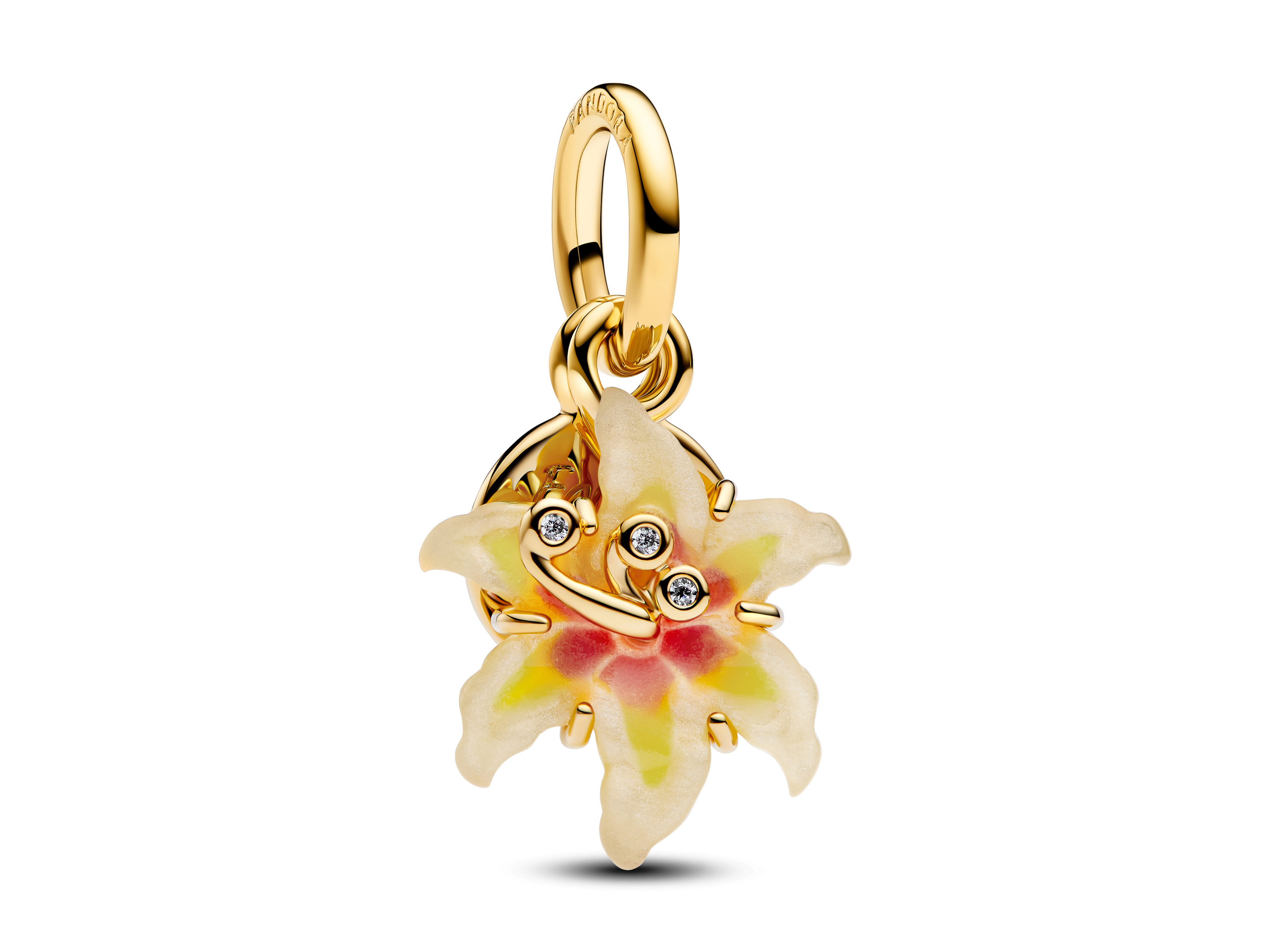 Charm in Blumenform aus vergoldetem Material mit Emaille in sanften Farben und drei funkelnden Zirkonia, inspiriert von Disney Rapunzel Neu Verföhnt, leuchtet im Dunkeln.