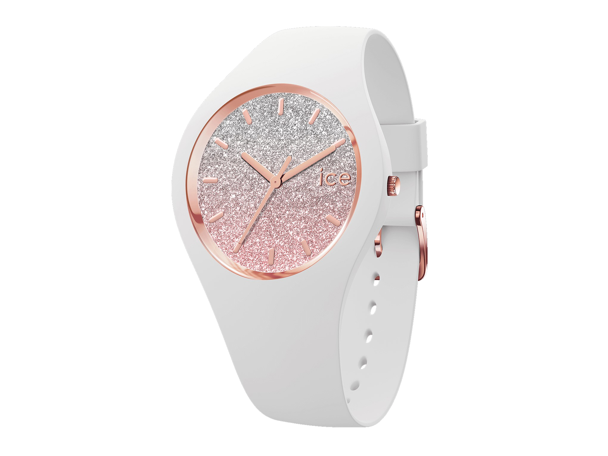 Ein eleganter Zeitmesser von Ice Watch in Weiß mit einem glitzernden Zifferblatt in Roségold und weißen Details. Modisch und auffällig, ideal für stilbewusste Trägerinnen.