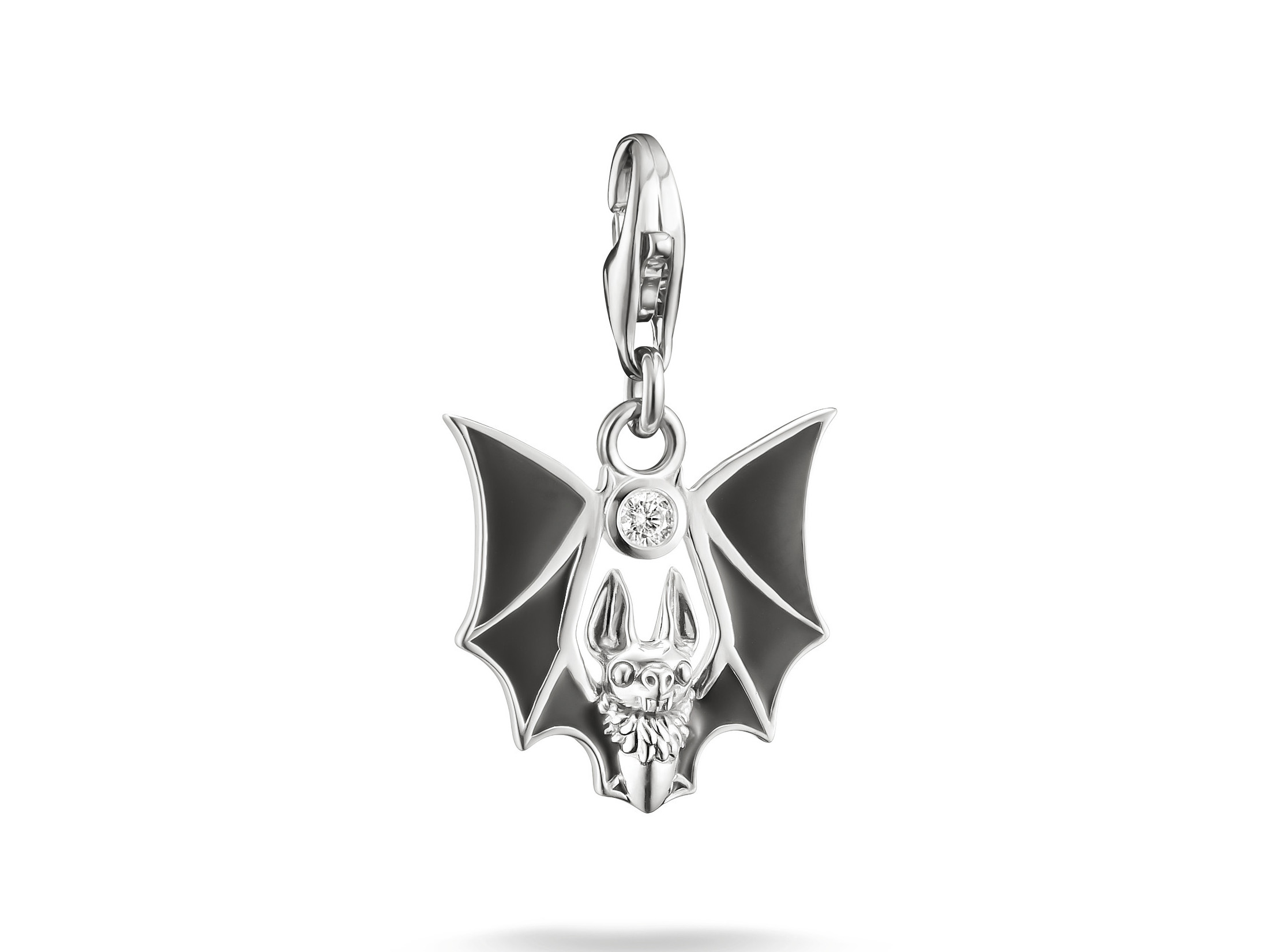 Fledermaus Charm aus Silber mit funkelndem Stein, präsentiert im stilvollen Design, ideal für die Ergänzung von Thomas Sabo oder Pandora Schmuck. Neuheit in der Kollektion.