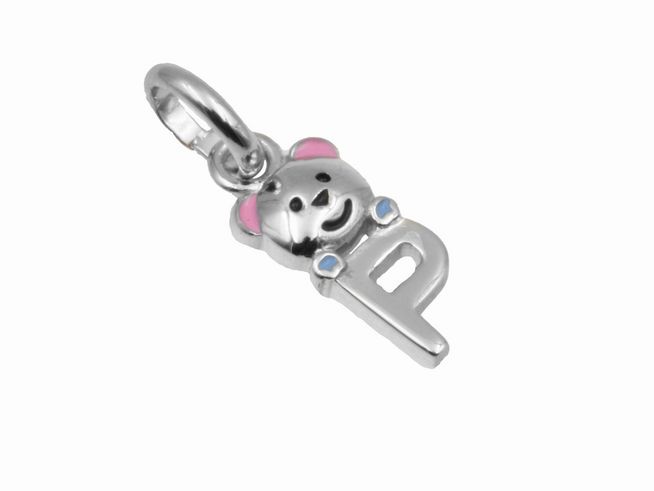 Teddy Anhänger mit dem Buchstaben P aus 925 Sterling Silber, poliert und rhodiniert, ideal für Kinder, Hersteller Juwelier Harnisch.