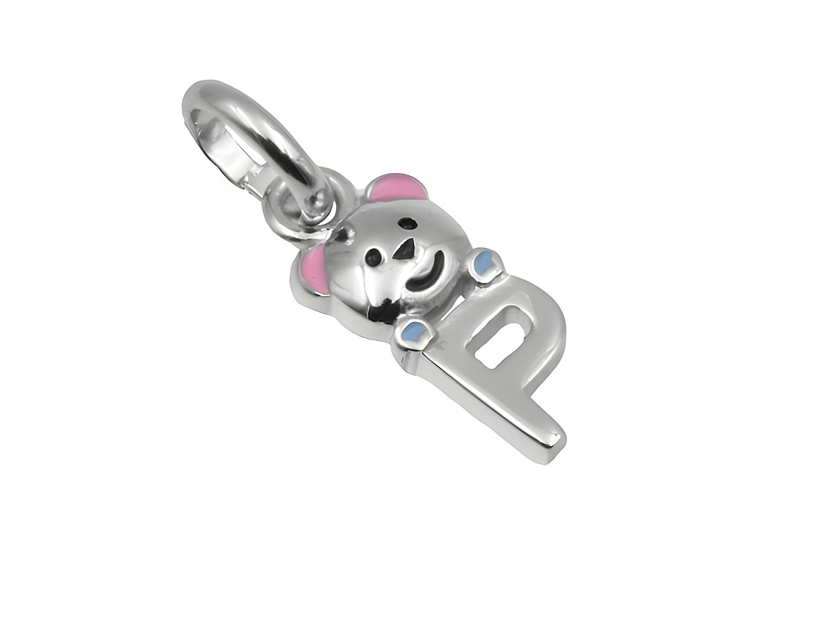 Teddy Anhänger mit dem Buchstaben P aus 925 Sterling Silber, poliert und rhodiniert, ideal für Kinder, Hersteller Juwelier Harnisch.