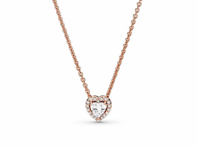 388425045-0 Funkelndes Herz Collier aus Silber und Roségold mit einem Zirkonia-Anhänger, perfekt für besondere Anlässe und tägliches Tragen, von Pandora, 45 cm lang.