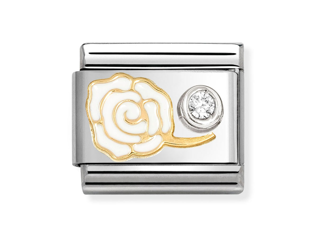 Ein charmantes Element von Nomination, bestehend aus 585er Gelbgold mit einer weißen Emaille-Rosenoberfläche und einem klaren Zirkonia in einer roségoldenen Fassung. Ideal für individuelles Styling.