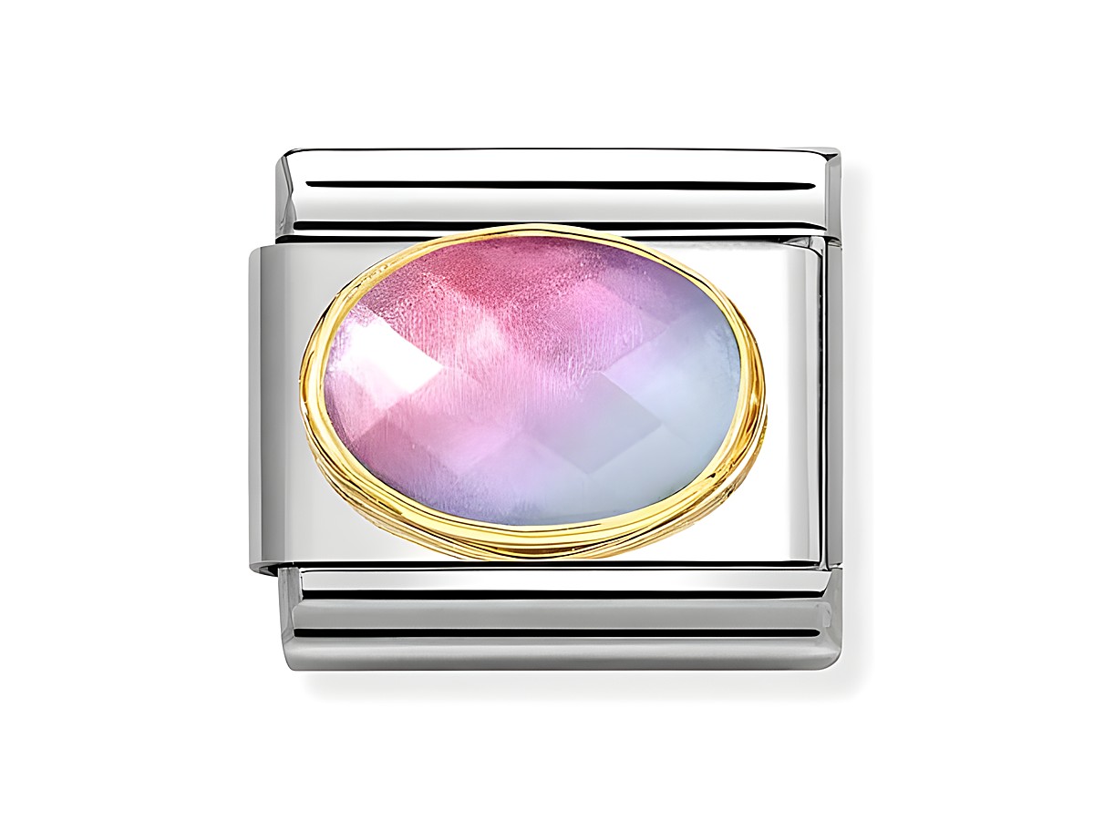Ovaler Schmuckanhänger in Rosa-Hellblau mit Emaille und goldfarbener Umrandung, hergestellt von Nomination, Modell Classic Gold 030612 35, idealer Blickfang für jede Gelegenheit.