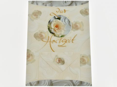 Hochzeitskarte mit Umschlag und rosafarbenen Rosen, Hersteller Juwelier Harnisch, edle Gestaltung für Hochzeitsanlässe, ideal für Einladungen und Glückwünsche.