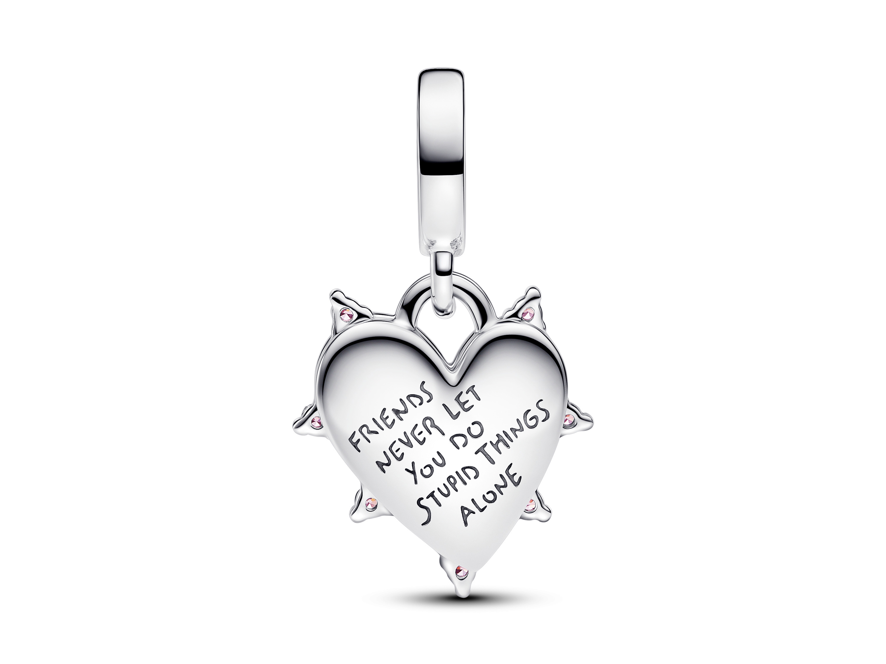 Doppelanhänger in Herzform aus Sterling Silber mit der Gravur Friends never let you do stupid things alone, verziert mit synthetischem Opal und rosenförmigen Details.