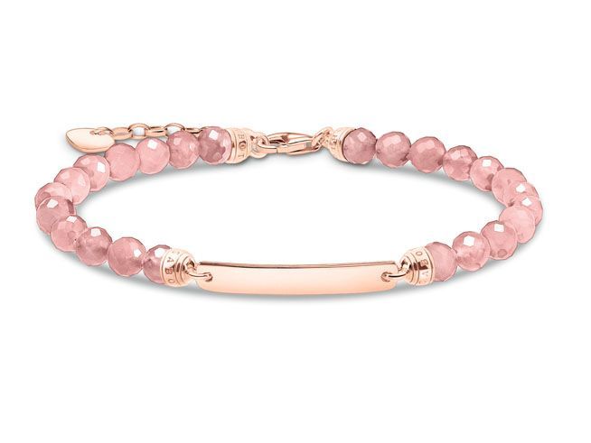 Silber vergoldetes Armband von Thomas Sabo mit Roségold, Jaspis-Steinen und einer Gravurplatte, einstellbare Länge von 16 bis 19 cm, elegantes Design für persönlichen Schmuck.