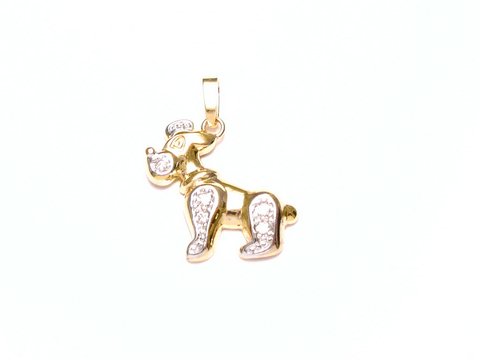 Goldanhänger in Form eines Hundes mit Bi-Color-Design und Zirkonia, hergestellt vom Juwelier Harnisch, geeignet als Tier-Accessoire.