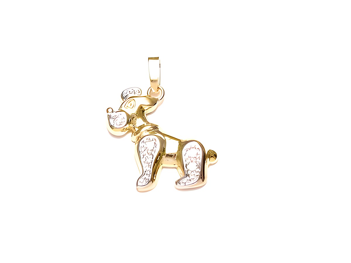 Goldanhänger in Form eines Hundes mit Bi-Color-Design und Zirkonia, hergestellt vom Juwelier Harnisch, geeignet als Tier-Accessoire.