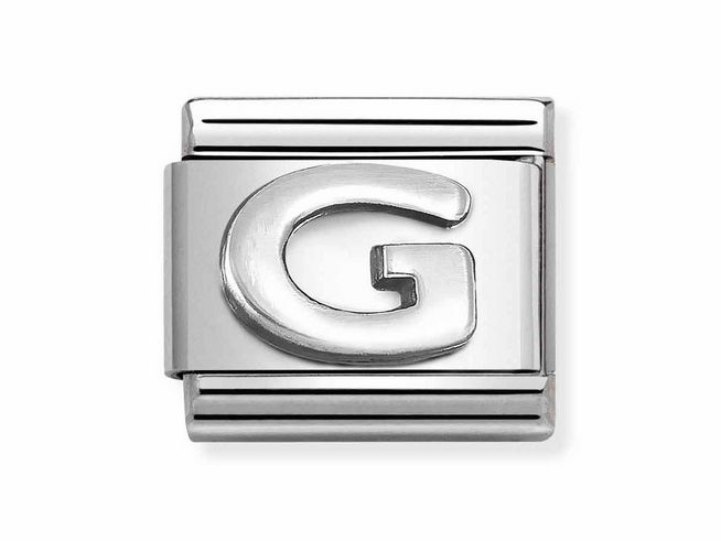 Edelstahl Buchstabe G in Silber oxidiert von Nomination, klassisches Design mit prägnanten Linien und glänzender Oberfläche, ideal für personalisierte Schmuckkreationen.