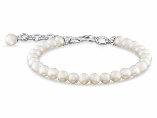 Thomas Sabo Armband A2034-167-14-L19V aus sterling Silber mit geschliffenen Süßwasserzuchtperlen und weißen Zirkonia-Steinen, Länge 19 cm, elegantes Design für jede Gelegenheit.