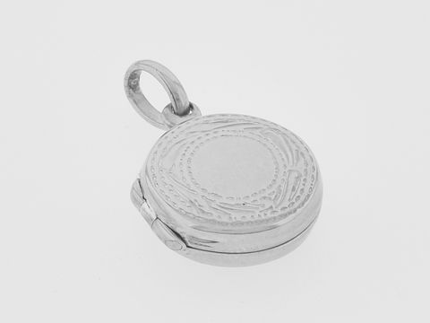 Rundes Silber Medaillon, rhodiniert mit filigranem Rand, hergestellt von Juwelier Harnisch, ideal für persönliche Erinnerungen oder als stilvolles Accessoire.